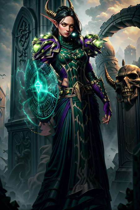 best quality, (masterpiece:1.2), highly detailed, 1girl, nemesisraiment, green robes, shoulder armor, gauntlets, demon horns, long skirt, skull belt, <lora:Clothes - Nemesis:0.8>, standing, elf ears, black hair, braided hair,  <lora:Concept - Add_detail:1> cowl, fingerless gloves, magic circle, casting spells, fantasy, mage, green magic, power, wizard, protection, spell, battle,detailed background, graveyard, pointing,  <lora:Concept - Runemagic:0.8>