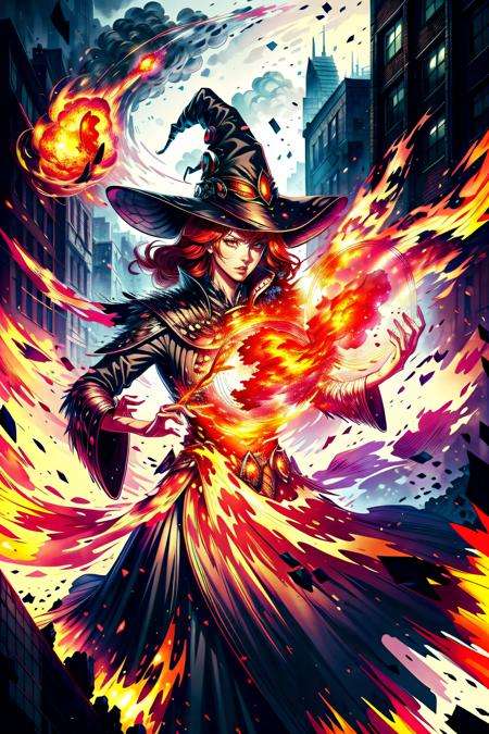 best quality, (masterpiece:1.2), highly detailed, 1girl,red hair, witch hat, battle, war, protection magic, meteors, buildings, standing <lora:Concept - Add_detail:1> magic circle, casting spells, fantasy, mage, red magic, power, protection, spell, battle, fire magic, magic_circle, detailed background, city, <lora:Concept - Runemagic:1>, upper body,