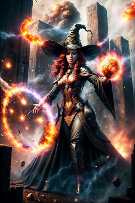 best quality, (masterpiece:1.2), highly detailed, 1girl,red hair, witch hat, battle, war, protection magic, meteors, buildings, standing <lora:Concept - Add_detail:1> magic circle, casting spells, fantasy, mage, red magic, power, protection, spell, battle, fire magic, magic_circle, detailed background, city, <lora:Concept - Runemagic:1>, upper body,