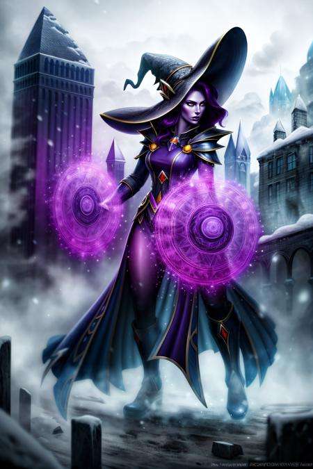 best quality, (masterpiece:1.2), highly detailed, 1girl,purple hair, witch hat, battle, war, protection magic, snow, ruins, standing <lora:Concept - Add_detail:1> magic circle, casting spells, fantasy, mage, red magic, power, protection, spell, battle, ice magic, magic_circle, detailed background, city, <lora:Concept - Runemagic:0.9>, upper body, mage, white robes,