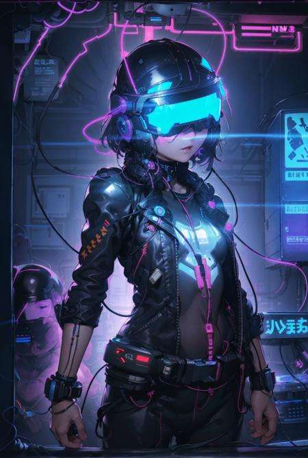 1girl,bust,neon lamp,crt display,highly developed technology,neuromancer,headworn vr,(connect the cable to the helmet:1.5),brilliantcolortm,