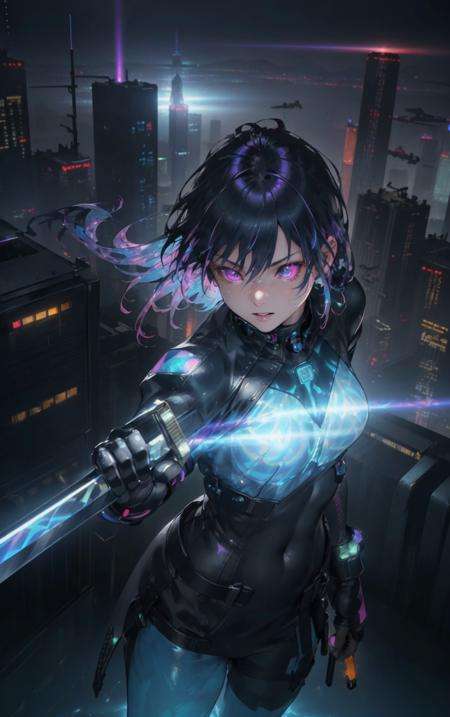 best quality,ultra-detailed,photorealistic,1girl,young swordswoman,slim body, holding a glowing katana,futuristic cyberpunk night city,on top of a skyscraper,outfit blending futuristic technology , night sky,(guardian of the city:1.2), gacha splash,(harsh urban environment:1.3),(determination and bravery:1.2),masterpiece,cyberpunk style with Chinese influenceg, extreme detailed,, (colorful:1.3), (iridescence skin, translucent body, reflection skin:1.2), ,(iridescence holographic materials:1.1)