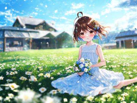 masterpiece,solo,1girl, flower, outdoors, solo, brown hair, house, dress, brown eyes, hair ornament, day, cloud, sitting, sky, holding flower, holding, grass, white dress, looking at viewer, blush, short hair, blue sky, artist name, wariza, blurry, sleeveless dress, bare shoulders, sleeveless, bangs, antenna hair, watermark, blurry background, field, building, ahoge, english text, white flower, hairclip, cloudy sky, depth of field