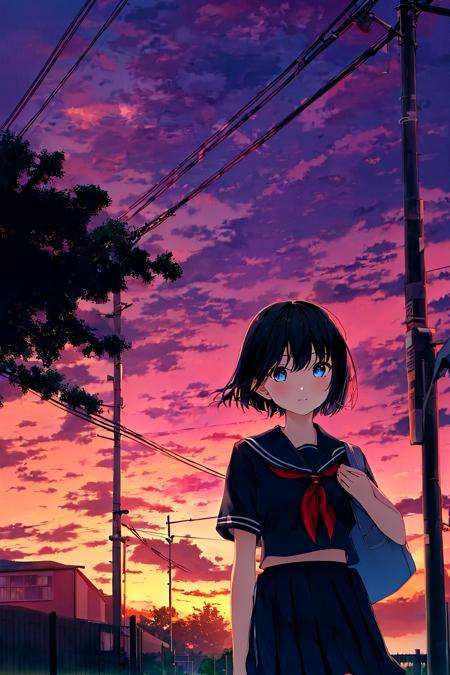 masterpiece,best quality,1girl, black hair ,blue eyes, looking at viewer,outdoors, sky, scenery, cloud, sunset, school uniform, fence, short hair, skirt, tree, power lines, railing, utility pole, serafuku, lamppost, dress, (bag:0.6), standing, building