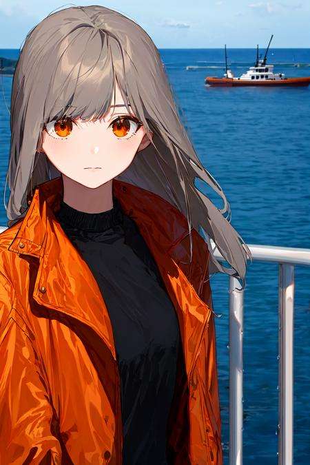 masterpiece,best quality,1girl, solo, long hair, grey hair, ocean, watercraft, jacket, outdoors, shirt, black shirt, upper body, long sleeves, closed mouth, bangs, orange jacket, brown eyes, boat, open clothes, coat, wind, water, brown jacket, orange eyes, looking afar, railing