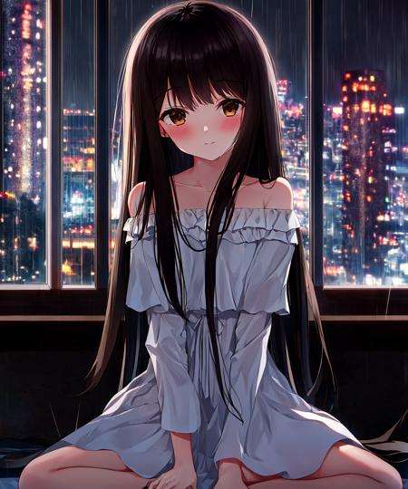 masterpiece,best quality,night,1girl, long hair, solo, rain, black hair, sitting, very long hair, dress, looking at viewer, reflection, cityscape, night, window, brown eyes, bangs, indoors, bare shoulders, hand between legs, white dress, between legs, building, skyscraper, city, off-shoulder dress, back light, wariza, blush, closed mouth, 