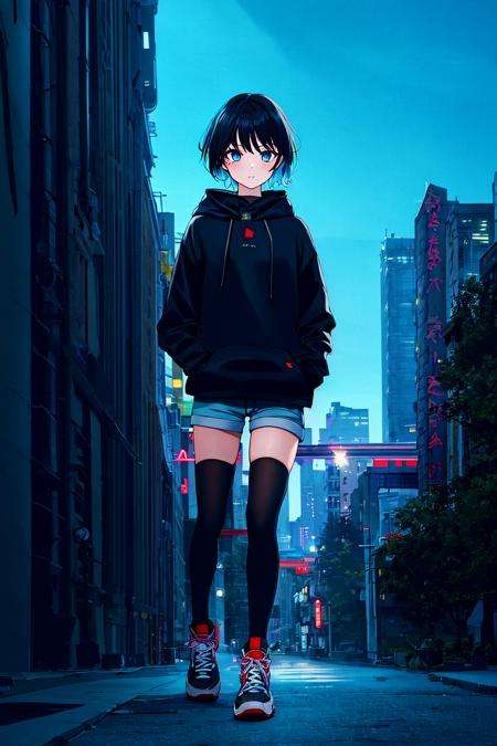 masterpiece,best quality,1girl, solo,  blue eyes, shoes, sneakers, hood, short hair, neon lights, looking at viewer, shorts, hoodie, outdoors, hood down, building, sign, night, hands in pockets, city, thighhighs, black hair, bangs, scenery, long sleeves, skyscraper, jacket, pantyhose, cityscape, black thighhighs