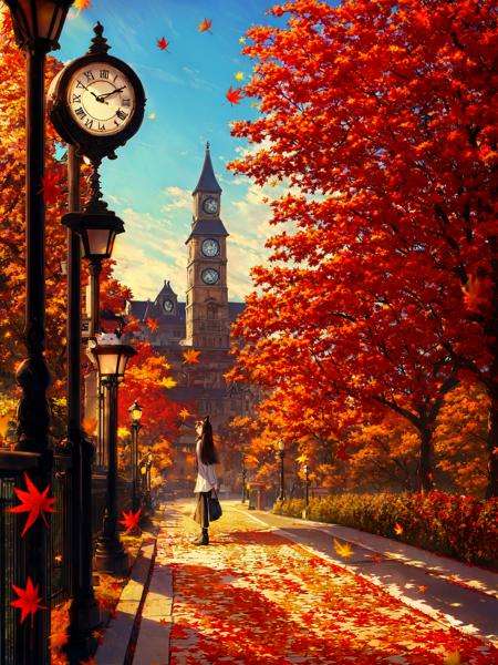 masterpiece,best quality,autumn leaves, 1girl, autumn, scenery, outdoors, long hair, brown hair, cat, leaf, building, bag, tree, scarf, looking at viewer, solo, city, maple leaf, clock, sky, long sleeves, lamppost, handbag, white cat, railing, road, skirt, brown eyes