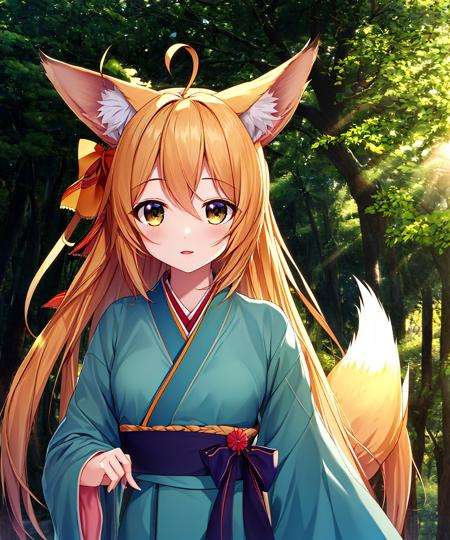 masterpiece,best quality,extremely detailed CG,kawaii,cute,sunlight,solo,long_hair ,ahoge,small breasts,tail ,fox ears,blond hair,kimono,hair_ribbon, hair_bow,beautiful detailed (forest:0.9),