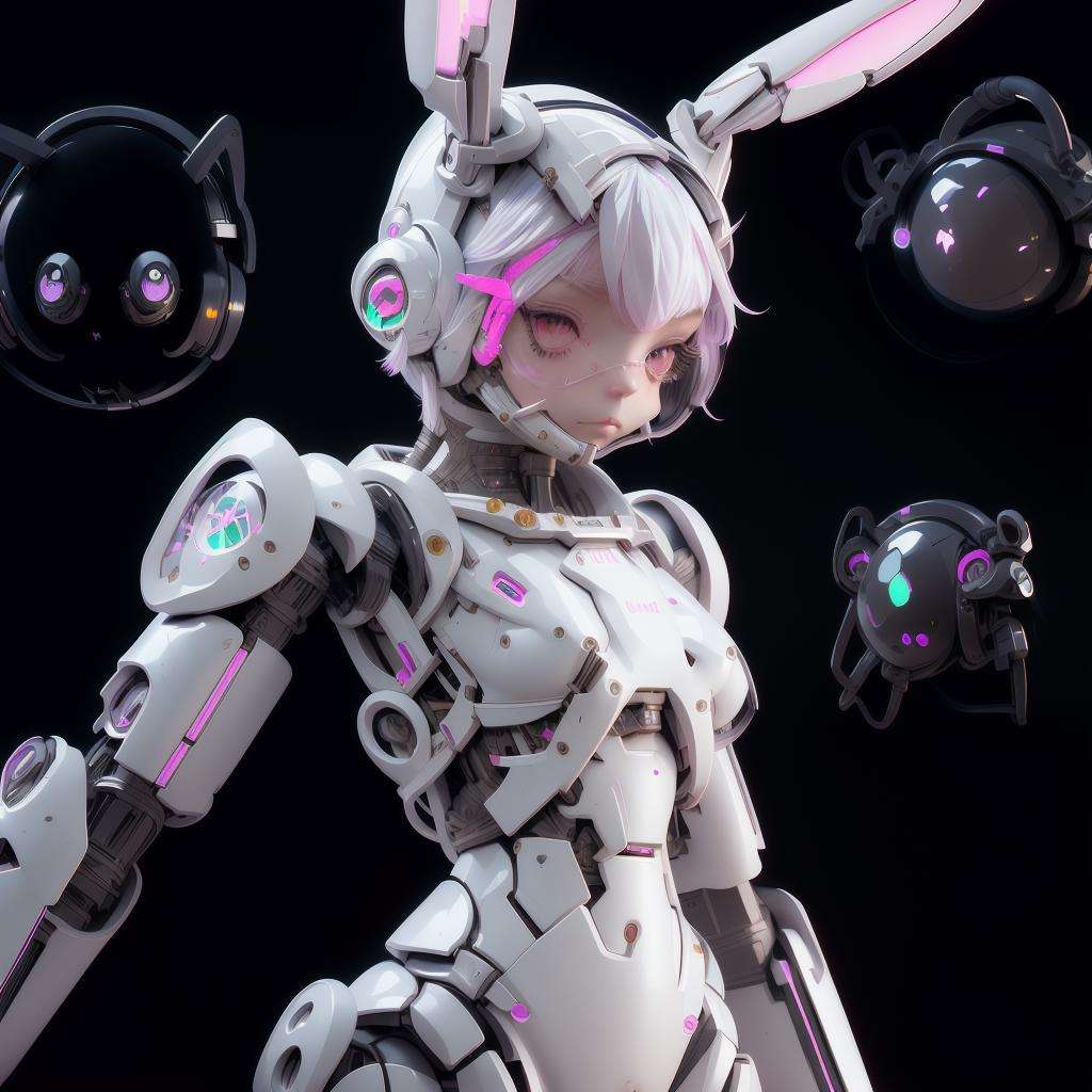 black_background,1girl, android, animal_ears, astronaut, brown_eyes, cyberpunk, cyborg, fake_animal_ears, headphones, humanoid_robot, joints, mechanical_parts, power_armor, rabbit_ears, robot_joints, science_fiction, solo, space, space_helmet, white_hair<lora:XSarchitectural-40PopmartMechaGirl:1>