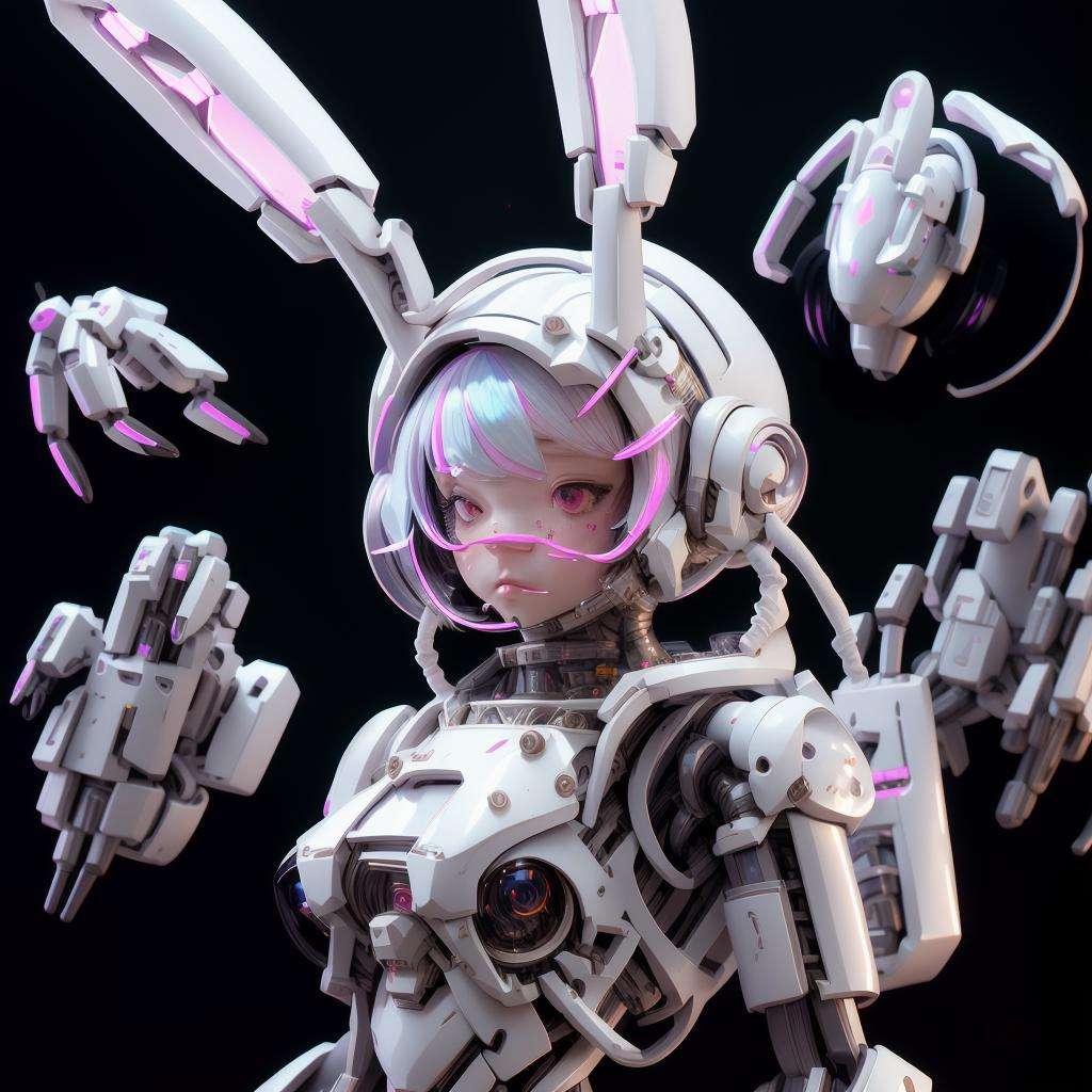 black_background,1girl, android, animal_ears, astronaut, brown_eyes, cyberpunk, cyborg, fake_animal_ears, headphones, humanoid_robot, joints, mechanical_parts, power_armor, rabbit_ears, robot_joints, science_fiction, solo, space, space_helmet, white_hair<lora:XSarchitectural-40PopmartMechaGirl:1>