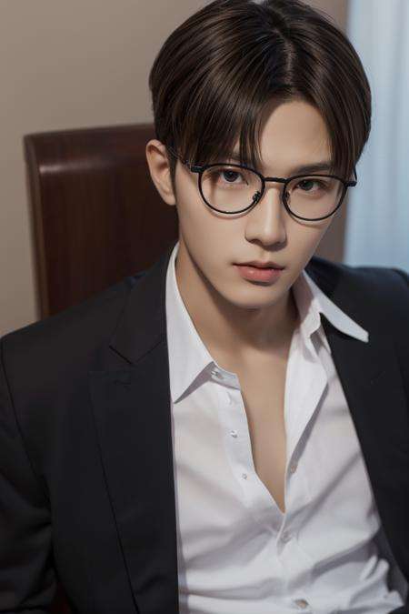 <lora:more_details:0.3>,<lyco:GoodHands-beta2:1>,masterpiece, best quality:1.2,high detail,1 male,Asian,handsome, Glasses,  bare upper body, black tie, Erections, ((Short hair)), office, Ambient Occlusion, muscular male, detailed face, black eyes, short blonde hair, looking at viewer, manly, 