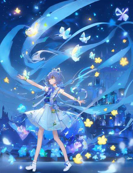 1girl, solo,lty,ribbons, bowties, buttons, pleated skirt, flowers,(((clouds:0.3),multiple_luna,(floating_fortress technology machinery),night sky background)), <lora:lty-000008:1>