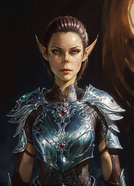 githyanki, female, solo, short hair, brown hair, pointy ears, armor, shoulder armor, portrait, pauldrons, green skin, ((masterpiece, best quality)), art by greg rutkowski, artwork trending on artstation  <lora:githyanki_offset:1>