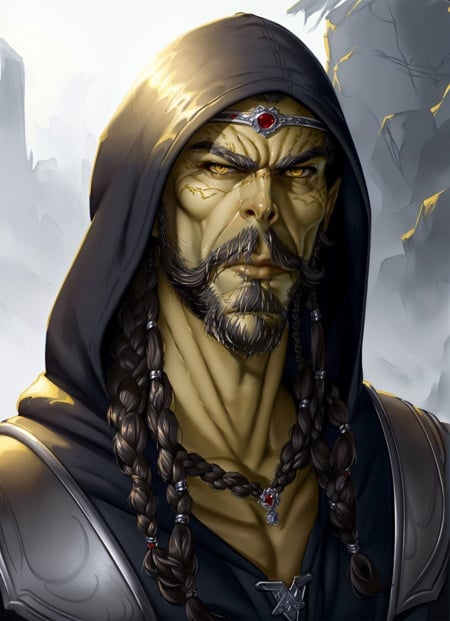githyanki, solo, looking at viewer, male, jewelry, closed mouth, yellow eyes, braid, male focus, hood, facial hair, portrait, beard, ((masterpiece, best quality)), art by greg rutkowski, artwork trending on artstation  <lora:githyanki_offset:1>