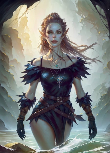 githyanki, female, solo, long hair, breasts, hair ornament, gloves, dress, holding, bare shoulders, jewelry, earrings, pointy ears, belt, sword, water, necklace, wading,  green skin, ((masterpiece, best quality)), art by greg rutkowski, artwork trending on artstation  <lora:githyanki_offset:1>