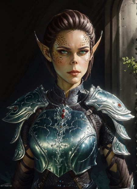 githyanki, female, solo, short hair, brown hair, pointy ears, armor, shoulder armor, portrait, pauldrons, green skin, ((masterpiece, best quality)), art by greg rutkowski, artwork trending on artstation  <lora:githyanki_offset:1>