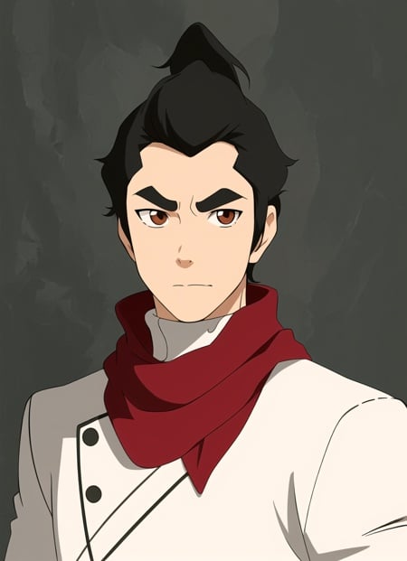 the legend of korra, masterpiece, best quality, 1boy, male focus, solo, black hair, brown eyes, looking at viewer, scarf, frown, thick eyebrows, portrait, upper body <lora:the_legend_of_korra_v2_offset:1>