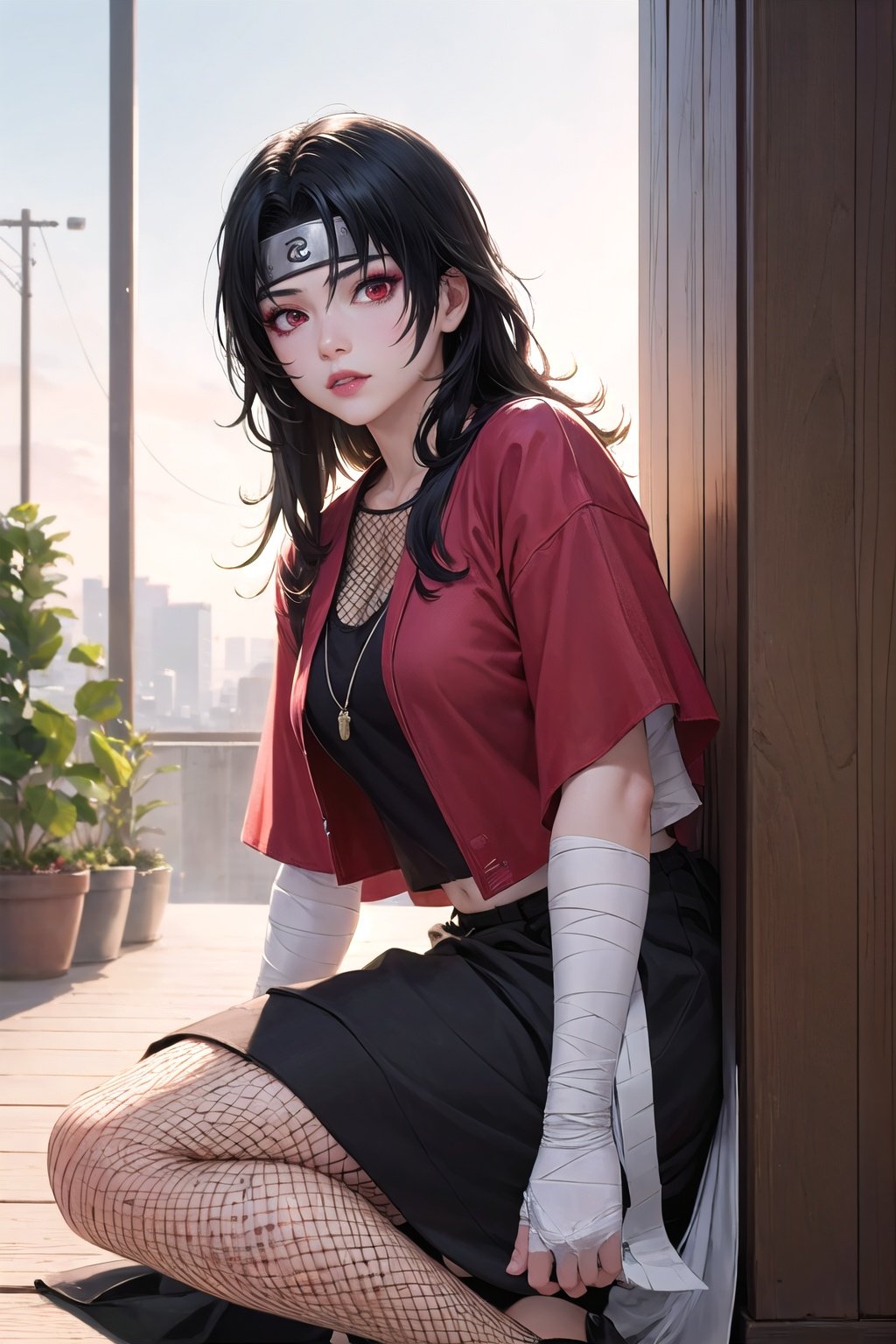 <lora:nar_kurenai_yuhi-10:1>,nar_kurenai_yuhi,forehead protector,bandages,red eyes,makeup, fishnets, 