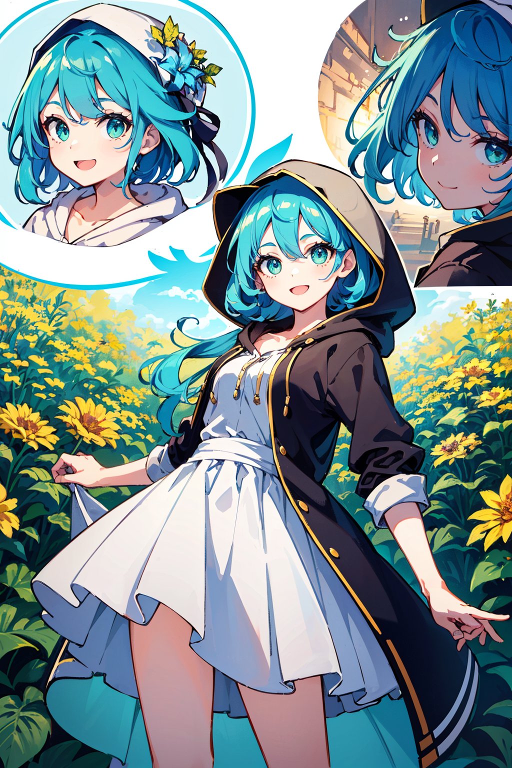 (cute girl holding a bunch of flowers in a flower garden), (hoodie, blue hair, green eyes, cute clothes), smile, :D,(fantasy, nostalgia, colorful, flowers and leafs around, Magic:1.2), from below, looking at viewer,(detailed landscape:1.2), (background:1), (dynamic_angle:1.2), (dynamic_pose:1.2), (rule of third_composition:1.3), (dynamic_perspective:1.2), (dynamic_Line_of_action:1.2), solo, wide shot,(masterpiece:1.2), (best quality, highest quality), (ultra detailed), (8k, 4k, intricate),(full-body-shot:1), (Cowboy-shot:1.2), (50mm), (highly detailed:1.2),(detailed face:1.2), detailed_eyes,(gradients),(ambient light:1.3),(cinematic composition:1.3),(HDR:1),Accent Lighting,extremely detailed,original, highres,(perfect_anatomy:1.2),