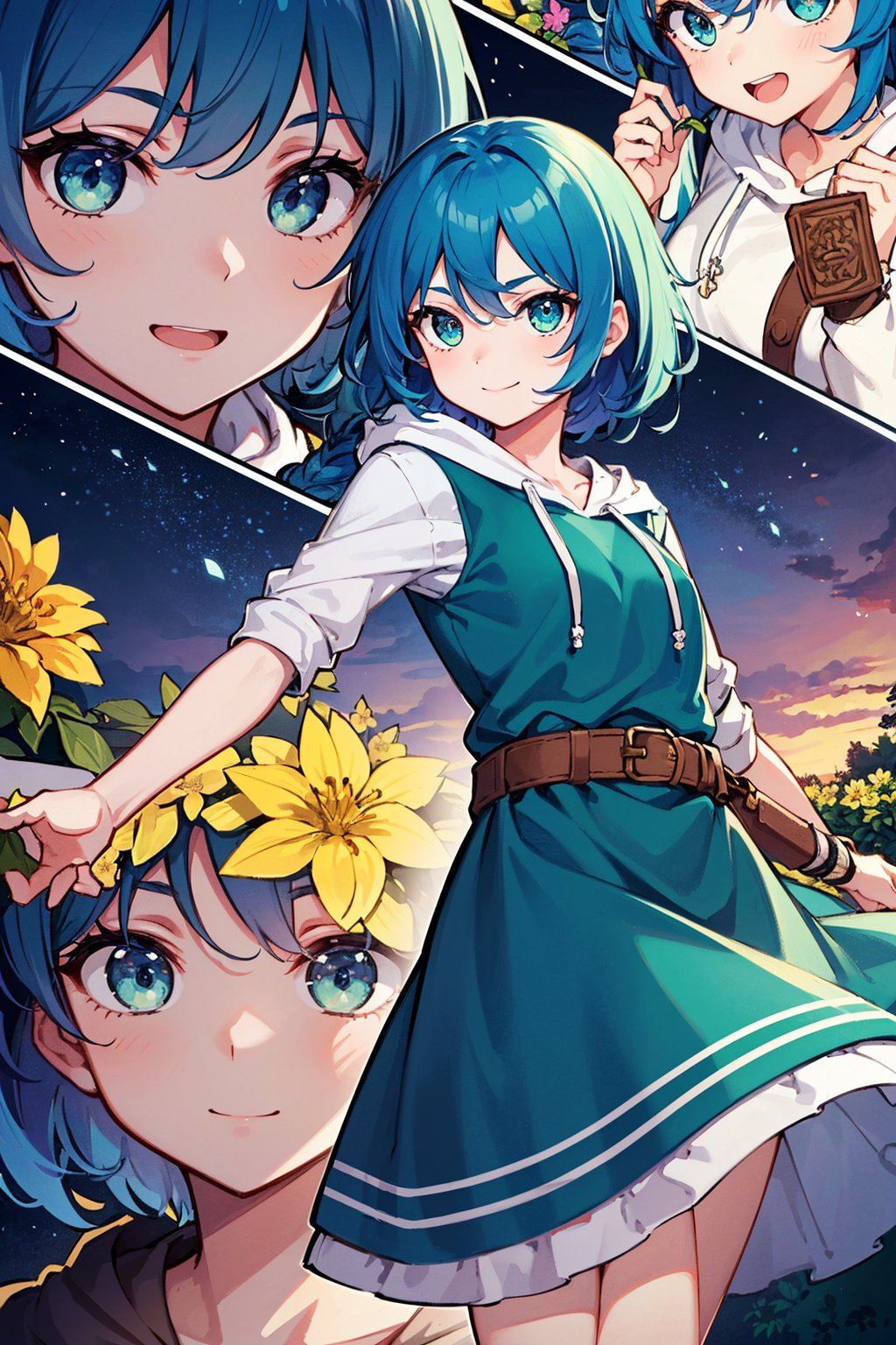 (cute girl holding a bunch of flowers in a flower garden), (hoodie, blue hair, green eyes, cute clothes), smile, :D,(fantasy, nostalgia, colorful, flowers and leafs around, Magic:1.2), from below, looking at viewer,(detailed landscape:1.2), (background:1), (dynamic_angle:1.2), (dynamic_pose:1.2), (rule of third_composition:1.3), (dynamic_perspective:1.2), (dynamic_Line_of_action:1.2), solo, wide shot,(masterpiece:1.2), (best quality, highest quality), (ultra detailed), (8k, 4k, intricate),(full-body-shot:1), (Cowboy-shot:1.2), (50mm), (highly detailed:1.2),(detailed face:1.2), detailed_eyes,(gradients),(ambient light:1.3),(cinematic composition:1.3),(HDR:1),Accent Lighting,extremely detailed,original, highres,(perfect_anatomy:1.2),