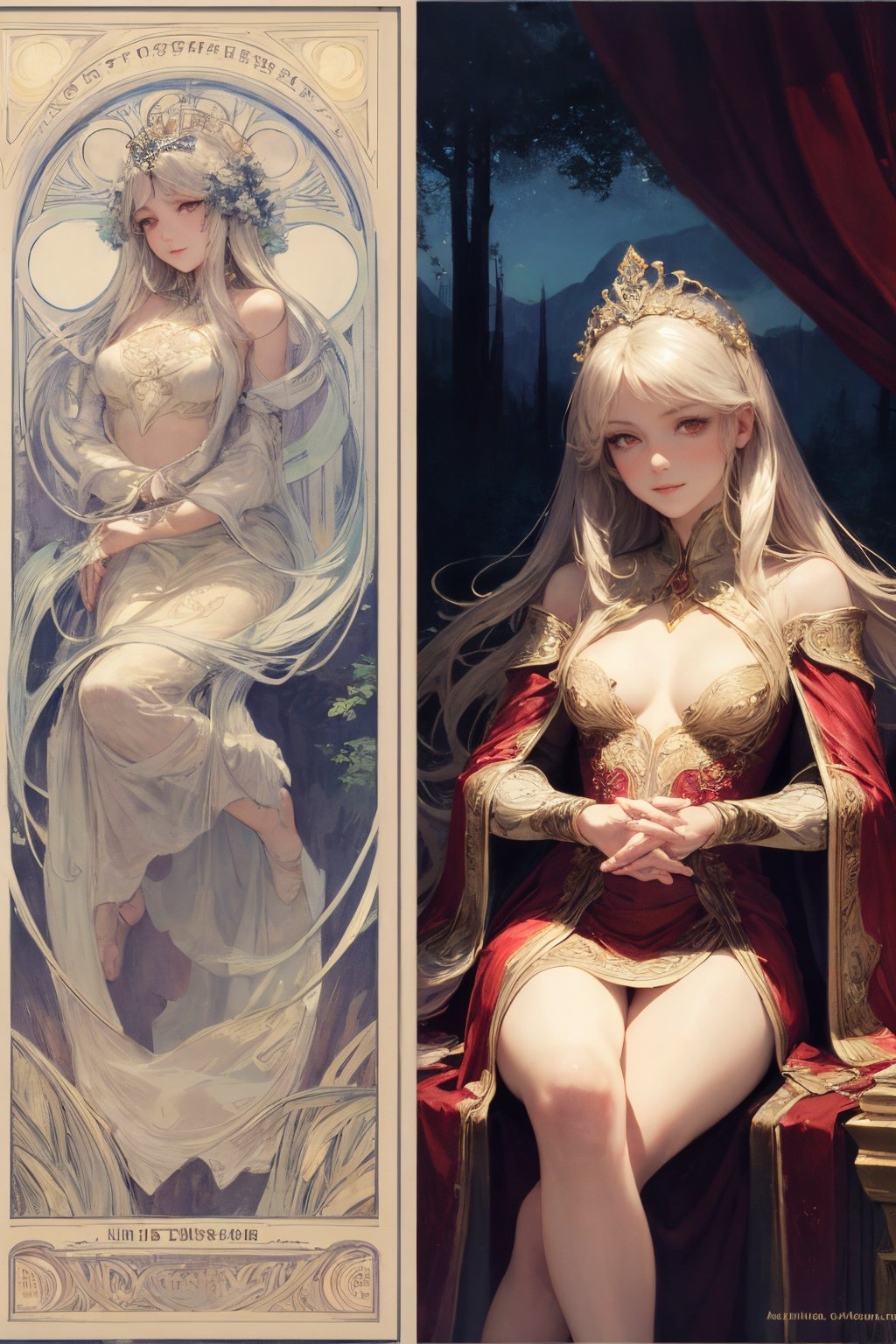 (masterpiece, best quality), 1girl, solo, (the empress:1.15), platinum blonde, long hair, (red cape), Curtain, white dress, queen dress, aurora, (sunshine, sky, river, forest), expressionless, red eyes, very long hair, (art nouveau:1.2), alphonse mucha, tiara, (face focus, upper body), sit, (red throne:1.12), tiara, crossing legs, highly intricate details, realistic light, smile