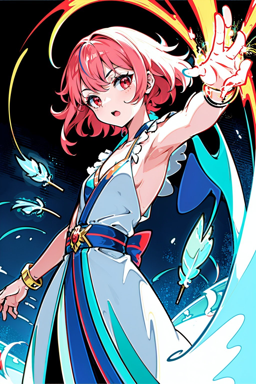 (flat color:1.3),(colorful:1.3),(masterpiece:1.2), best quality, original, extremely detailed wallpaper, looking at viewer, upperbody shot of a girl infused with lightning, fully clothed with blue long robe, highly detailed, extremely detailed, red eyes, electric, red moon, Rays of Shimmering Light, Cinematic Lighting, Matte, Stone, Milky Quartz, Opalite, Jewelry, Silk, Feathers, Water splash, Fog, Electric, Electricity, sparks, lensflare, rim lighting, backlighting, Bracelet, Chromatic Aberration, RTX, Post Processing