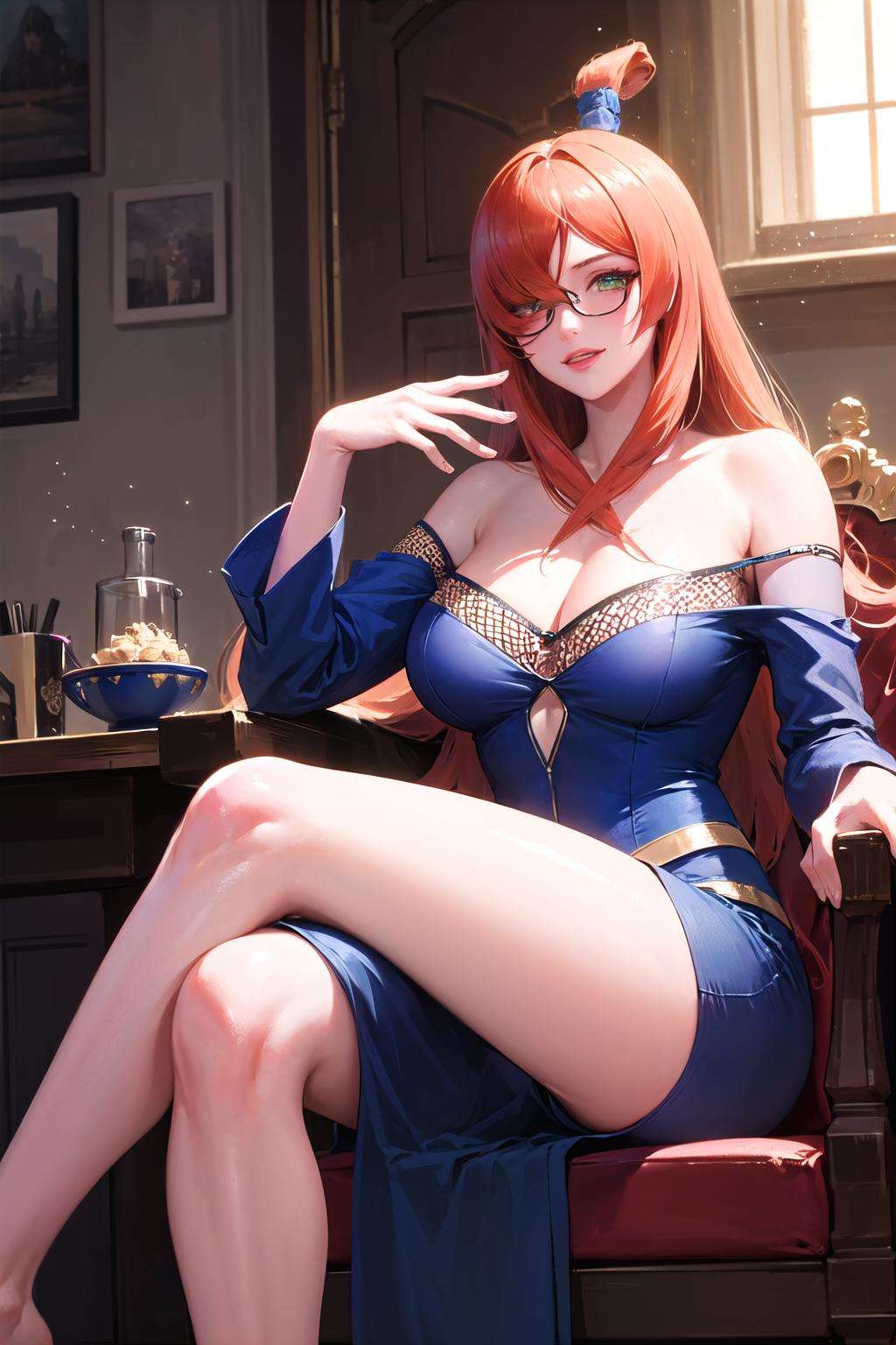 (highly detailed:1.3),<lora:nar_terumi_mei-10:1>,nar_terumi_mei,green eyes,hair over one eye,long hair,large breasts,blue dress,sitting on a chair, wearing glasses, looking to the size, light smile, crossed legs, hand on own chin, Ultra-detail,(highres:1.1),best quality,(masterpiece:1.3),cinematic lighting,