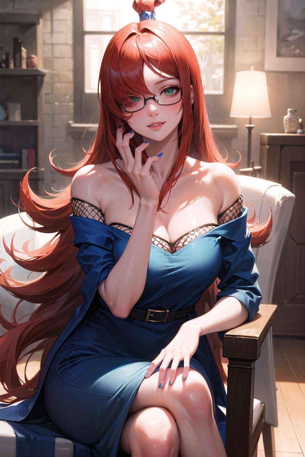 (highly detailed:1.3),<lora:nar_terumi_mei-10:1>,nar_terumi_mei,green eyes,hair over one eye,long hair,large breasts,blue dress,fishnets,sitting on a chair,wearing glasses,looking to the size,light smile,crossed legs,hand on own chin,Ultra-detail,(highres:1.1),best quality,(masterpiece:1.3),cinematic lighting,