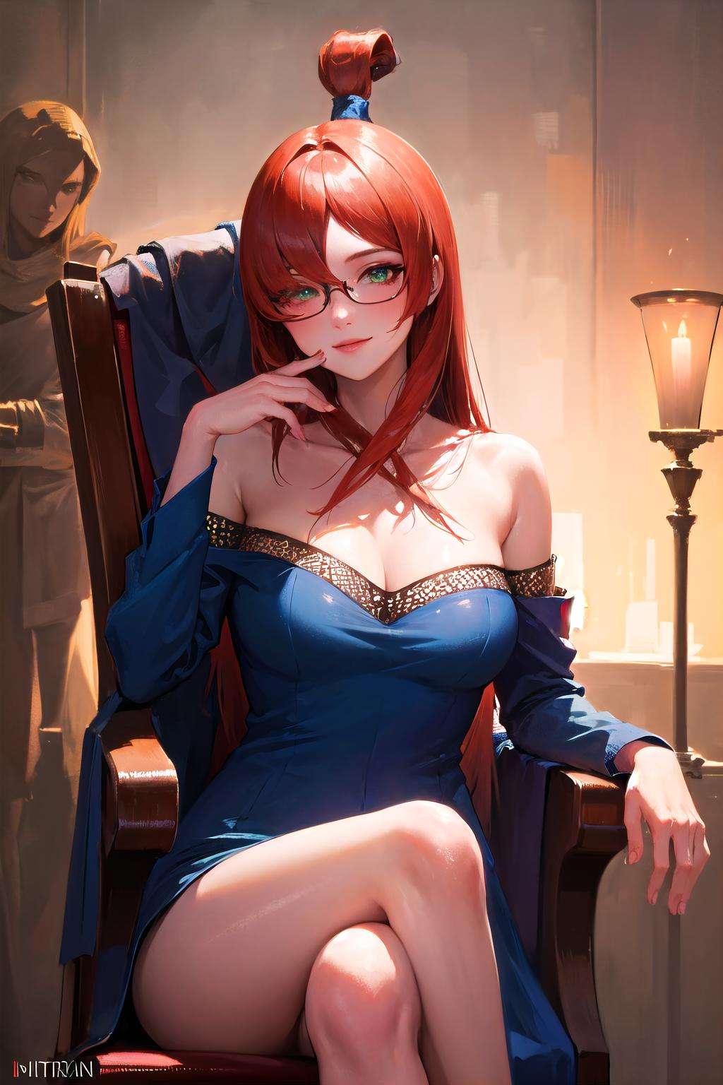 (highly detailed:1.3),<lora:nar_terumi_mei-10:1>,nar_terumi_mei,green eyes,hair over one eye,long hair,large breasts,blue dress,sitting on a chair, wearing glasses, looking to the size, light smile, crossed legs, hand on own chin, Ultra-detail,(highres:1.1),best quality,(masterpiece:1.3),cinematic lighting,