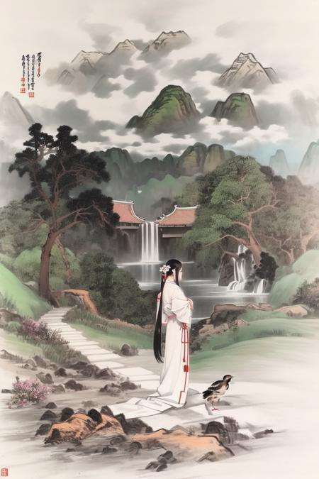 branch, bird, sparrow,plant, leaf, tree, animal, cloud, (mountain), waterfall, flower, solo, 1 girl,traditional media, (chinese text), super long hair, Close your eyes, light smile,looking at viewer,wariza, half-hidden face, standing, back,white background, simple background,flower,,,<lora:水墨画2:1>