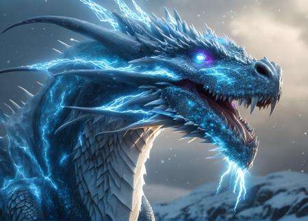 realistic, Ice Dragon, desolate, intricately detailed, artistic lightning, particles, beautiful, amazing, highly detailed, digital art, sharp focus, trending on art station,