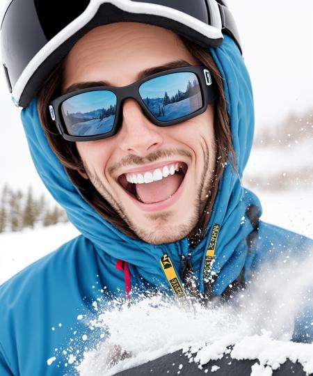 <lora:lit:0.7> snowboard man, laughing, closeup