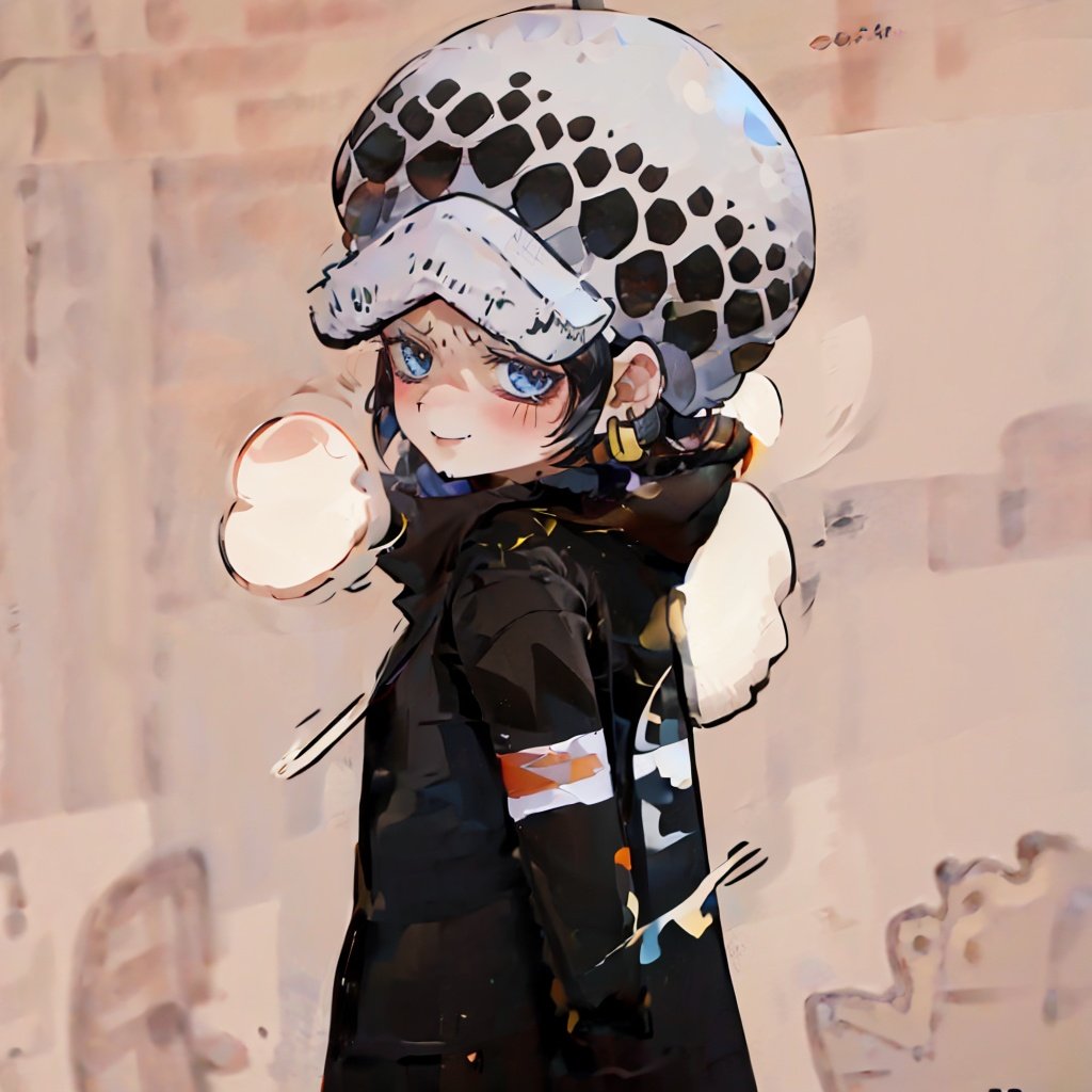 masterpiece,best quality,8k,highestres,absurdres, extremely detailed,(1girl:1.2),femlaw,hat,earrings, solo,black hair, <lora:Trafalgar_lawV55-10:0.8>,<lora:chibi2-10:1>,chibi ,black coat,blush,(simple background:1.3),looking at viewer, seductive smile,  <lora:corazon2_coat-10:0.8>,corazon coat