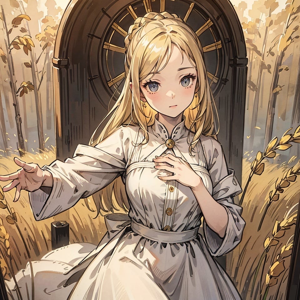 In the golden wheat field,a pure white dress,1girl,Upper body,solo,very detailed eyes and face,beautiful detail eyes,official art,2k,super detailed,beautiful,masterpiece,sunlight,highly detailed skin,realistic skin details,visible pores,clear focus,high quality,film grain,fair skin,