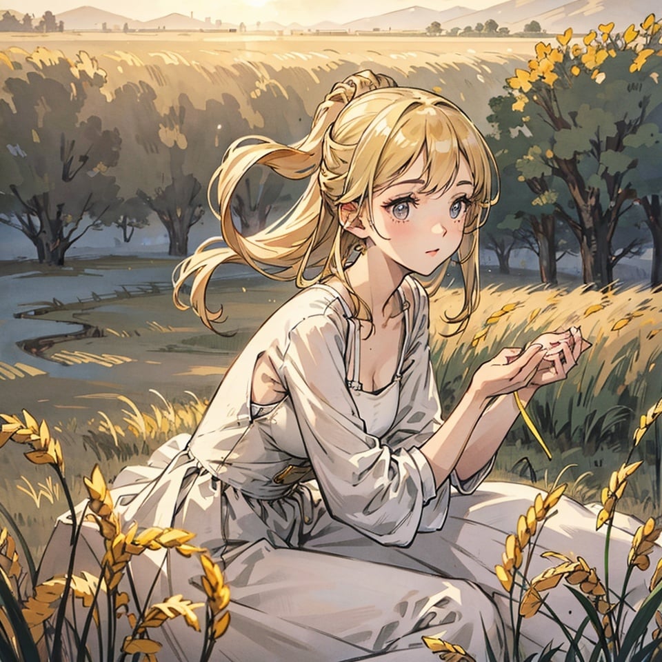 In the golden wheat field,a pure white dress,1girl,Upper body,solo,very detailed eyes and face,beautiful detail eyes,official art,2k,super detailed,beautiful,masterpiece,sunlight,highly detailed skin,realistic skin details,visible pores,clear focus,DSLR,high quality,film grain,fair skin,