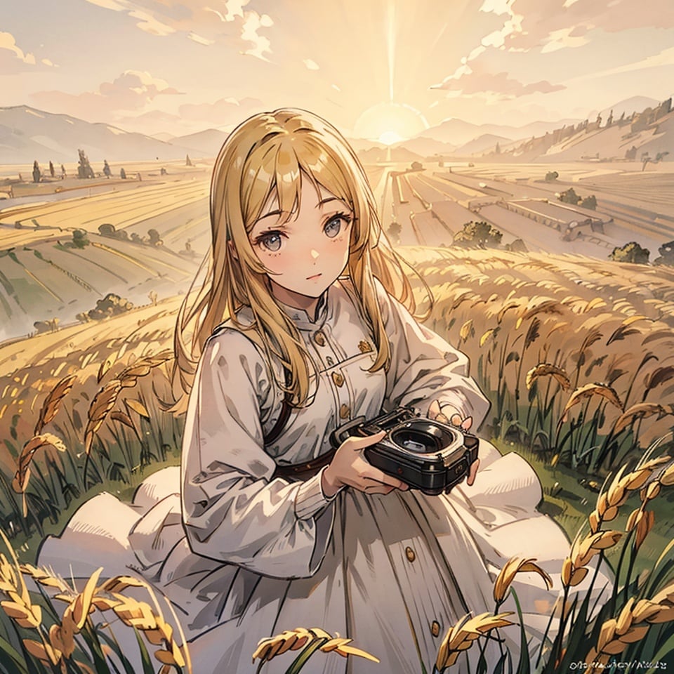 In the golden wheat field,a pure white dress,1girl,Upper body,solo,very detailed eyes and face,beautiful detail eyes,official art,2k,super detailed,beautiful,masterpiece,sunlight,highly detailed skin,realistic skin details,visible pores,clear focus,DSLR,high quality,film grain,fair skin,