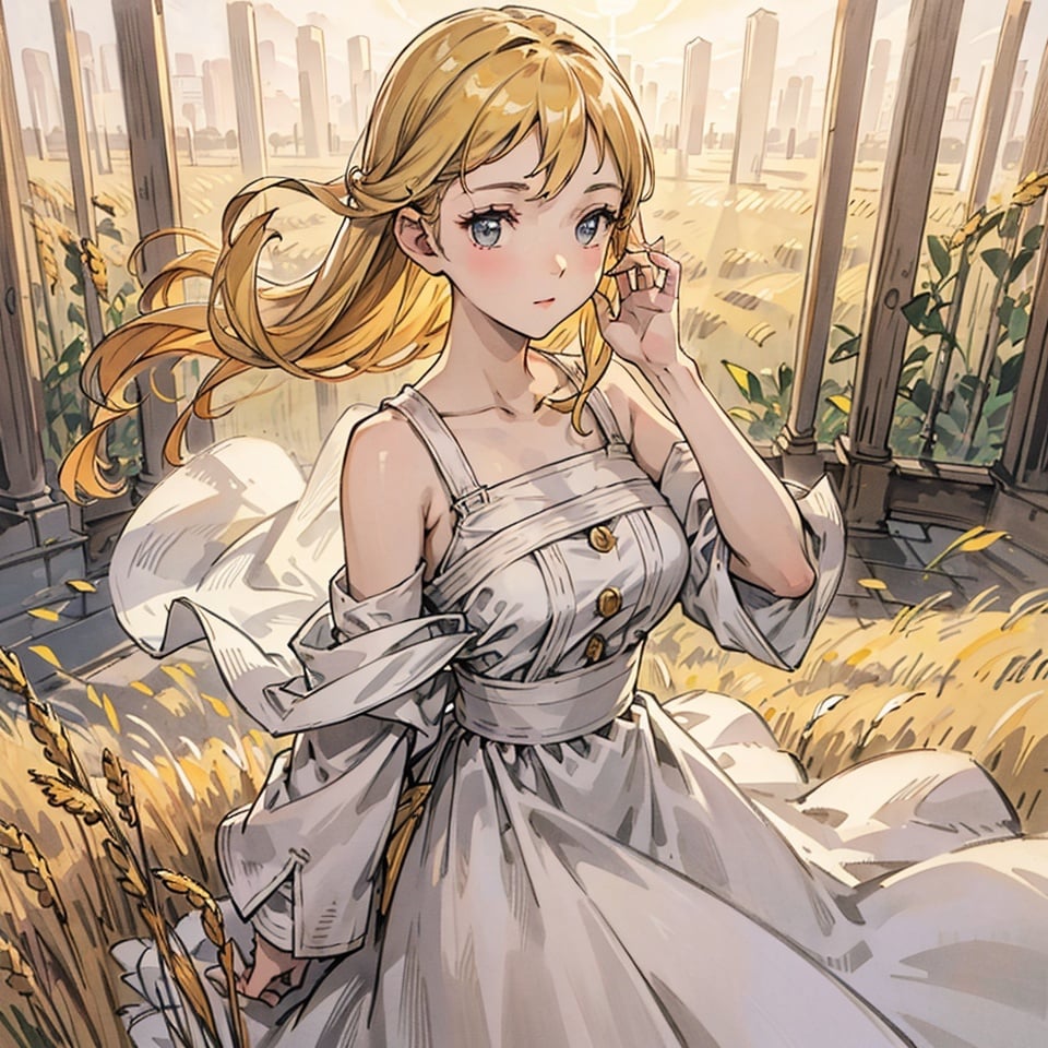 In the golden wheat field,a pure white dress,1girl,Upper body,solo,very detailed eyes and face,beautiful detail eyes,official art,2k,super detailed,beautiful,masterpiece,sunlight,highly detailed skin,realistic skin details,visible pores,clear focus,DSLR,high quality,film grain,fair skin,