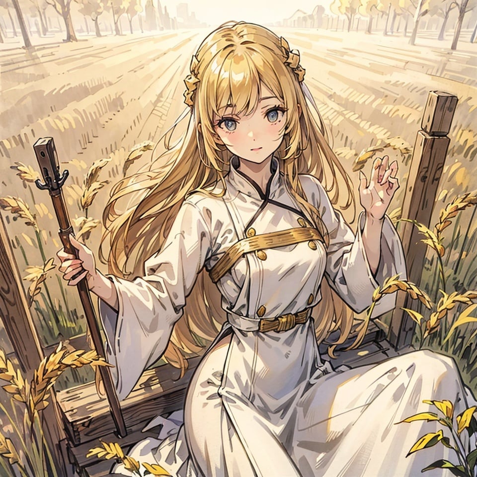 In the golden wheat field,a pure white dress,1girl,Upper body,solo,very detailed eyes and face,beautiful detail eyes,official art,2k,super detailed,beautiful,masterpiece,sunlight,highly detailed skin,realistic skin details,visible pores,clear focus,high quality,film grain,fair skin,