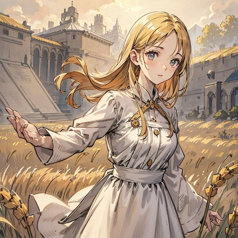 In the golden wheat field,a pure white dress,1girl,Upper body,solo,very detailed eyes and face,beautiful detail eyes,official art,2k,super detailed,beautiful,masterpiece,sunlight,highly detailed skin,realistic skin details,visible pores,clear focus,DSLR,high quality,film grain,fair skin,