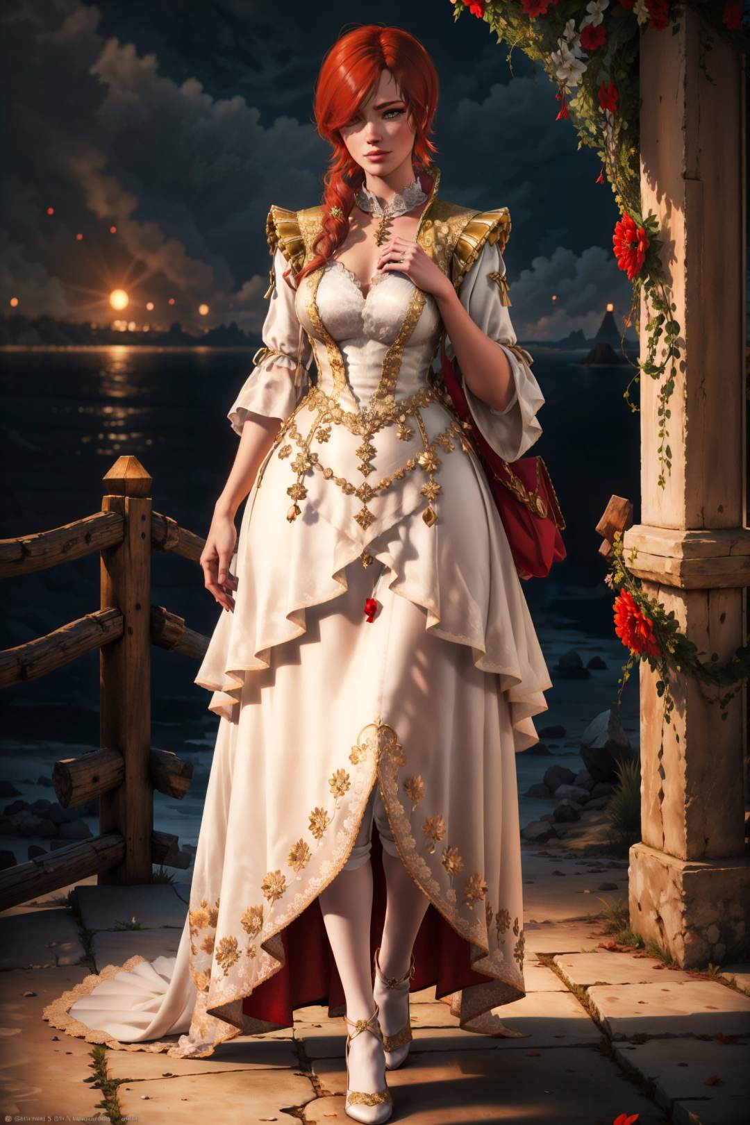 (masterpiece, top quality, best quality, official art, detailed:1.2),  <lora:shaniW3:0.7>, shaniW3, red hair, short hair, choker, dress, full body, wedding, night, 