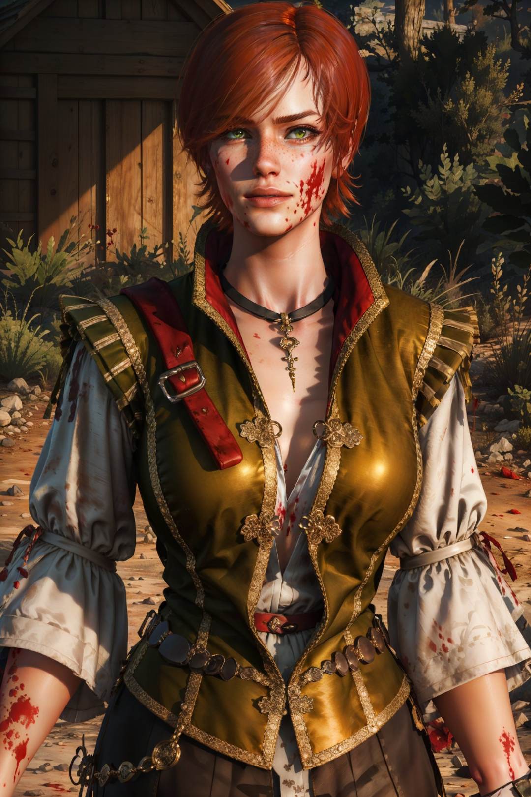 (masterpiece, top quality, best quality, official art, detailed:1.2),  <lora:shaniW3:0.7>, shaniW3, 1girl, solo, short hair, jewelry, green eyes, choker, necklace, lips, blood, freckles, blood on face, realistic, red hair