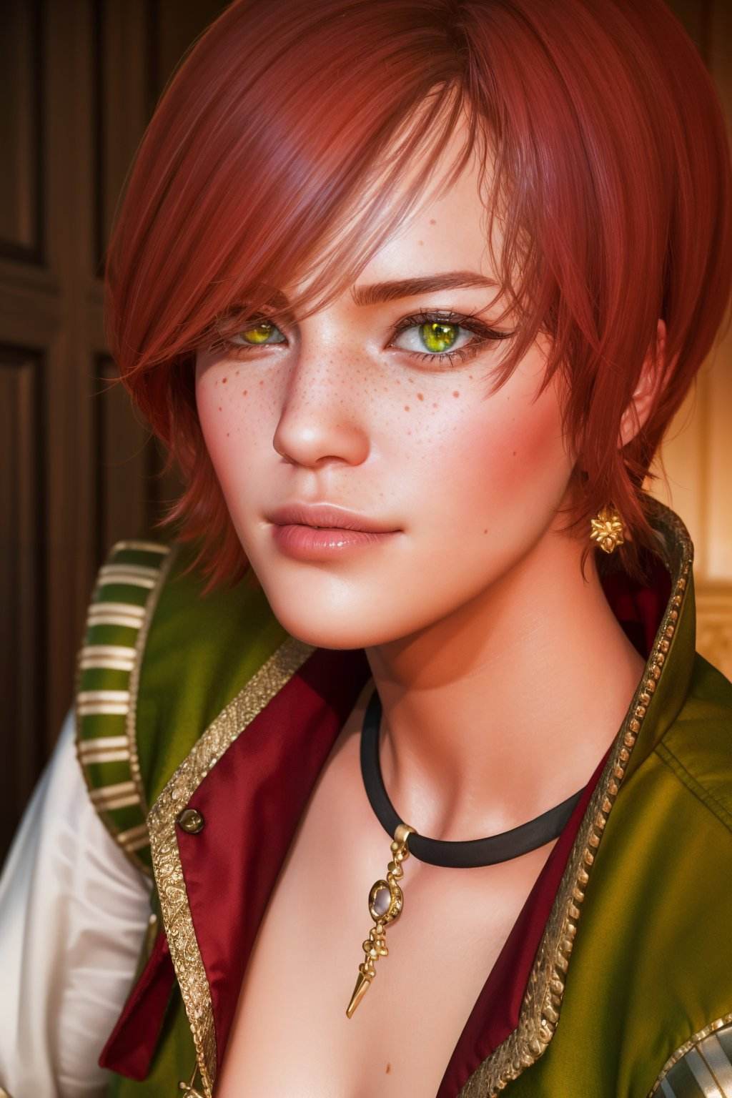 (masterpiece, top quality, best quality, official art, detailed:1.2),  <lora:shaniW3:0.8>, shaniW3, 1girl, solo, looking at viewer, short hair, closed mouth, green eyes, red hair, choker, mole, lips, swept bangs, portrait, freckles,