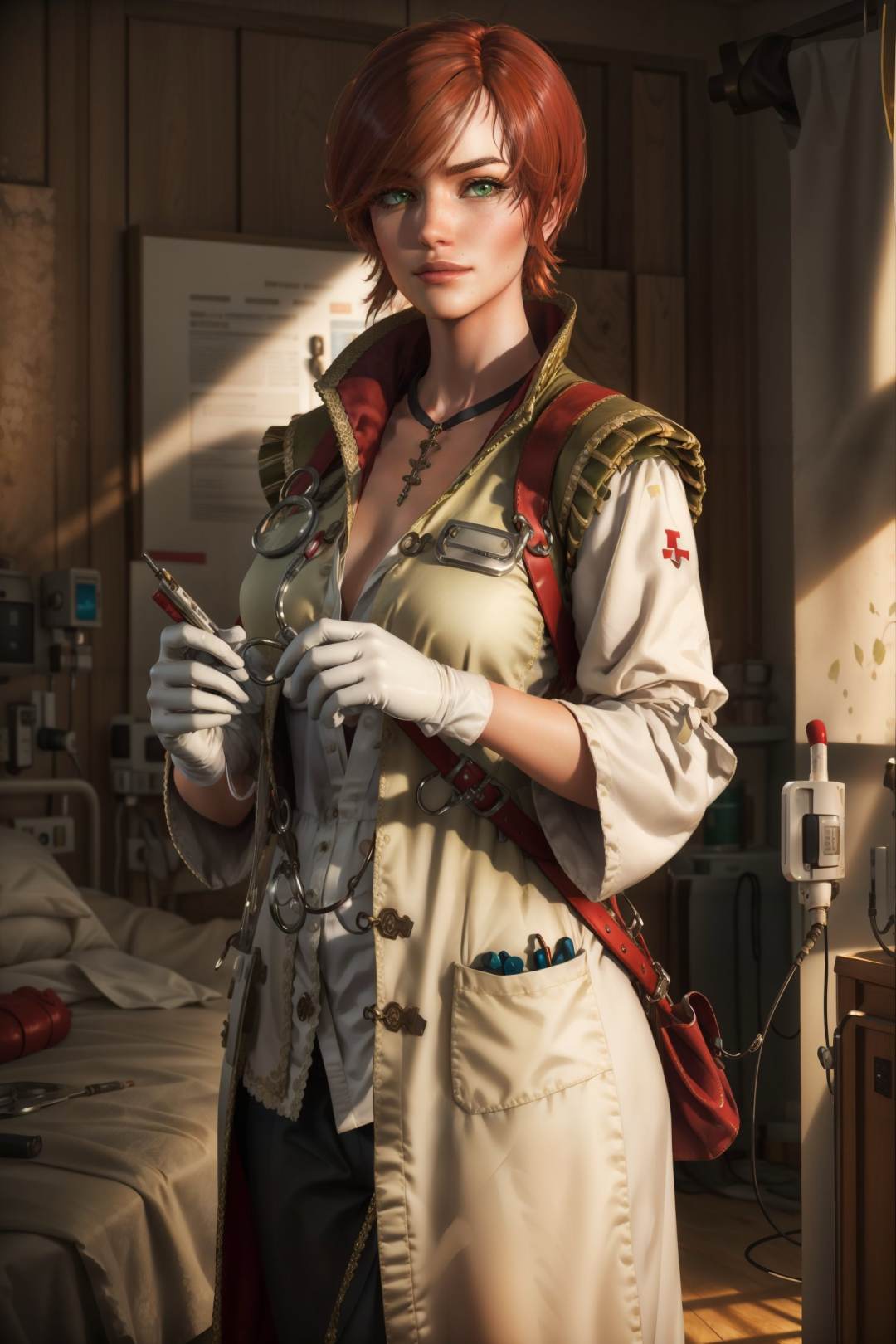 (masterpiece, top quality, best quality, official art, detailed:1.2),  <lora:shaniW3:0.7>, shaniW3, green eyes, doctor, gloves, labcoat, hospital, indoors