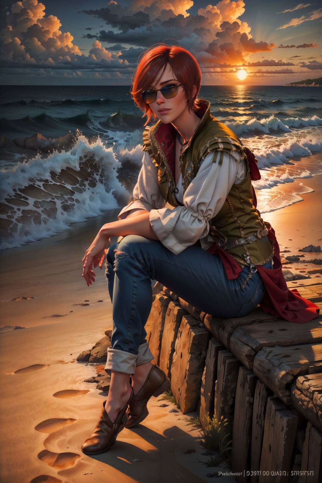 (masterpiece, top quality, best quality, official art, detailed:1.2),  <lora:shaniW3:0.7>, shaniW3, sunglasses, jeans, tshirt, full body, sitting, sunset, beach, clouds, seascape