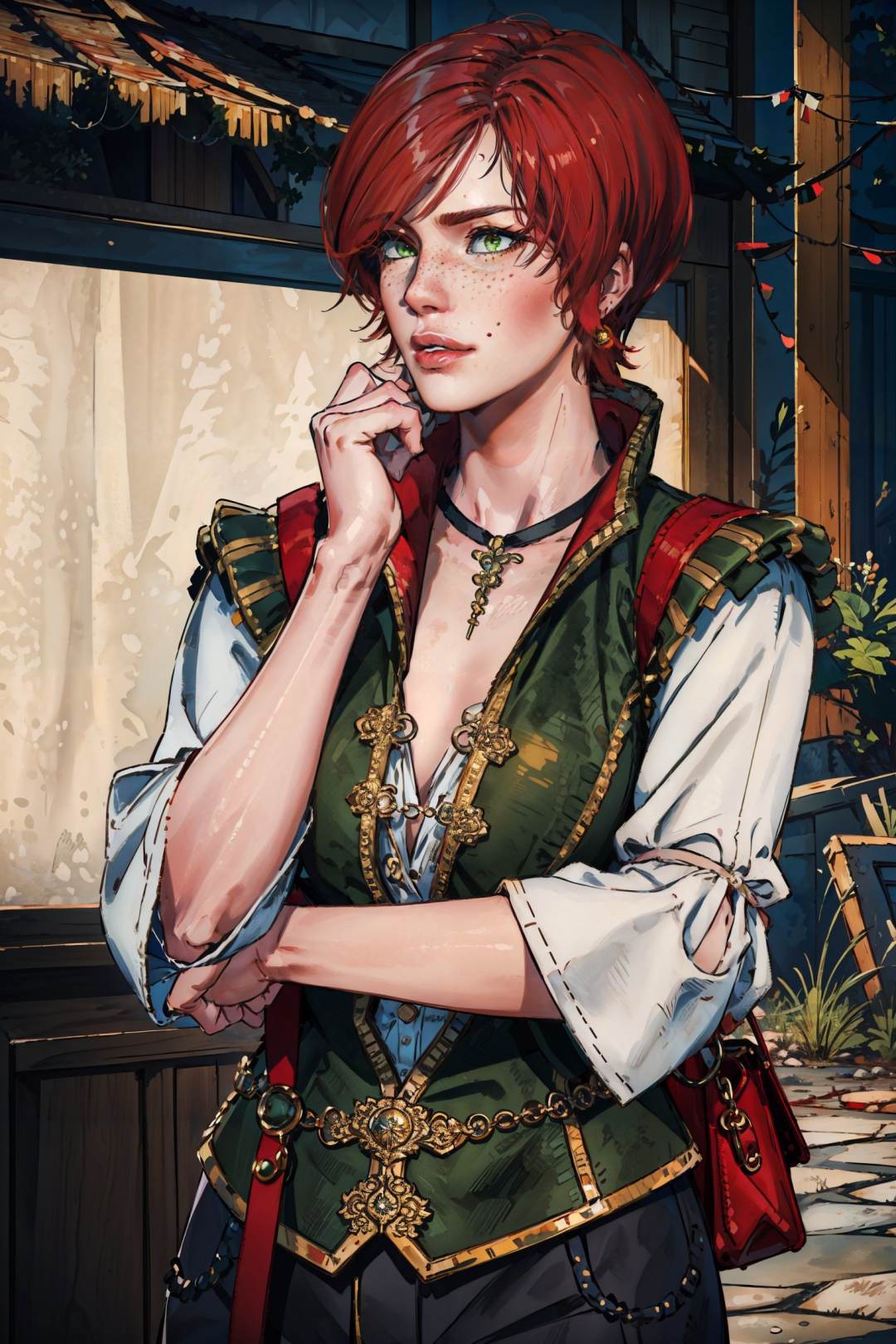 (masterpiece, top quality, best quality, official art, detailed:1.2),  <lora:shaniW3:0.7>, shaniW3, short hair, shirt, green eyes, red hair, parted lips, choker, necklace, bag, vest, lips, looking to the side, freckles, hand on own chin