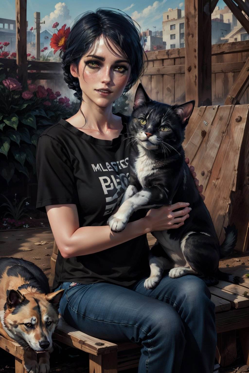 (masterpiece, top quality, best quality, official art, detailed:1.2), <lora:irisW3:0.7>, irisW3, 1girl, grey eyes, black hair, tshirt, jeans, garden, (dog), black cat, flowers