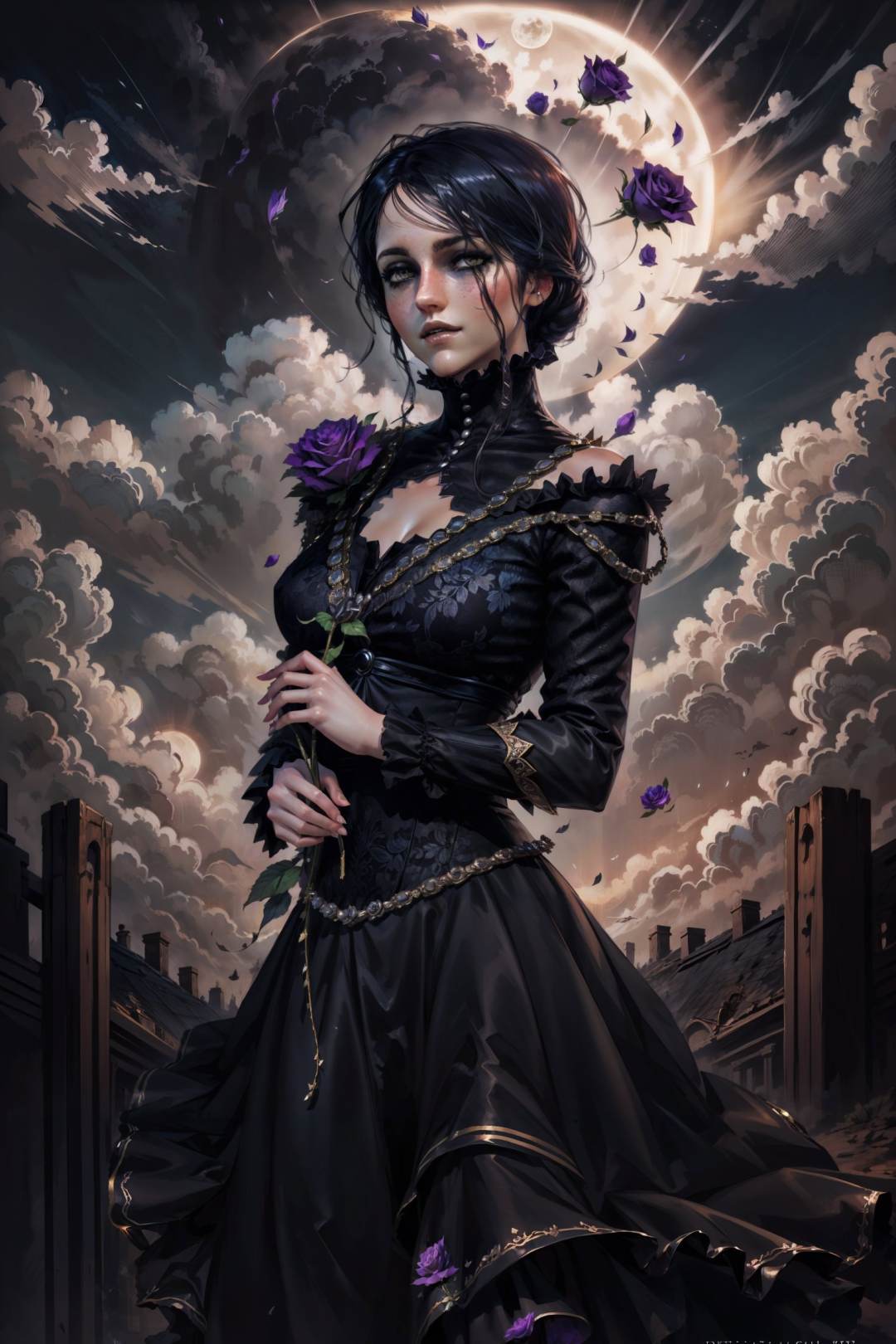 (masterpiece, top quality, best quality, official art, detailed:1.2), <lora:irisW3:0.7>, irisW3, 1girl, grey eyes, black hair, black dress, holding, purple rose, full moon, clouds, night, scenery, from side