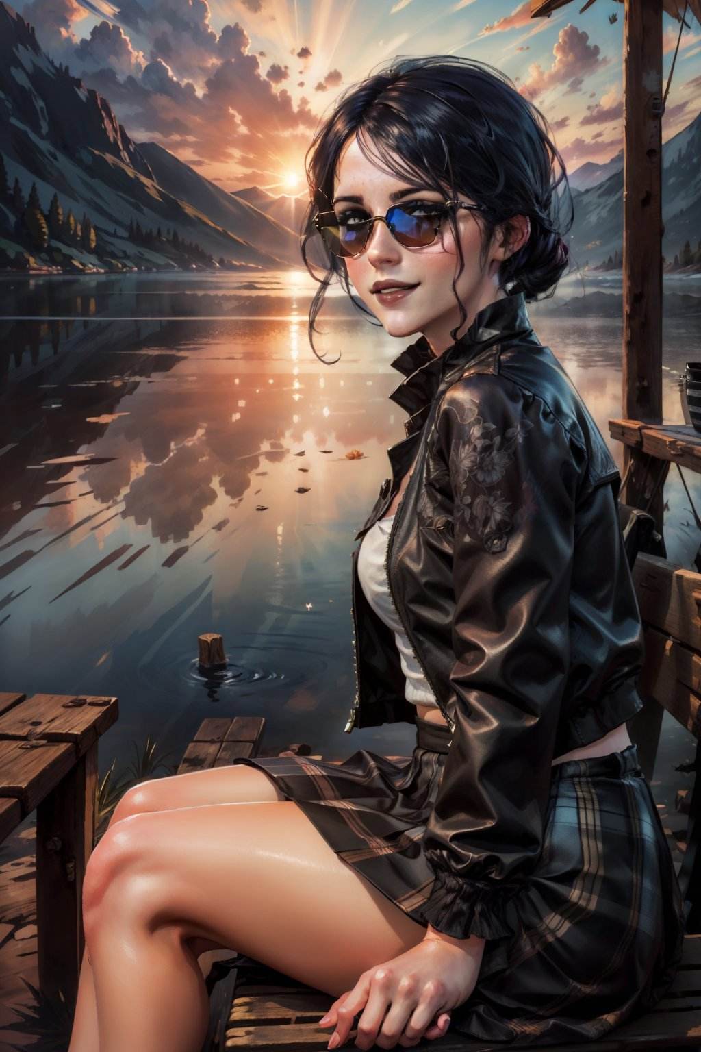 (masterpiece, top quality, best quality, official art, detailed:1.2), <lora:irisW3:0.7>, irisW3, 1girl, (sunglasses:1.1), black hair, jacket, skirt, smile, sitting, bench, sunset, lake, scenery, from side