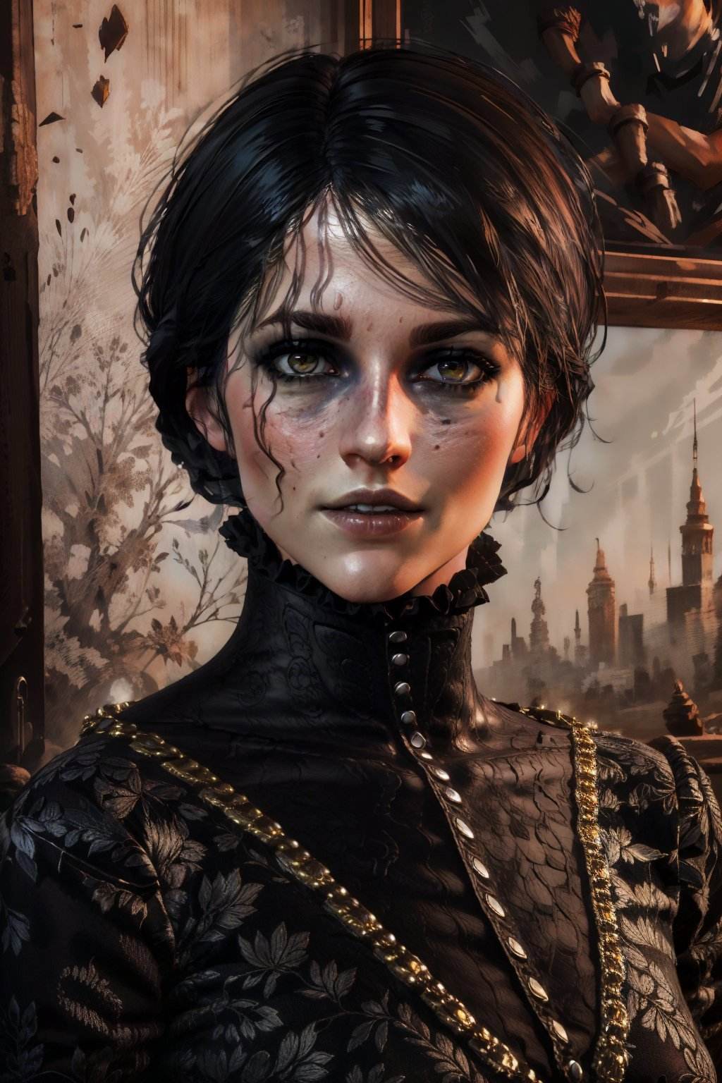 (masterpiece, top quality, best quality, official art, detailed:1.2), <lora:irisW3:0.8>, irisW3, 1girl, solo, looking at viewer, short hair, bangs, black hair, dress, closed mouth, upper body, black dress, lips, makeup, portrait, realistic, grey eyes